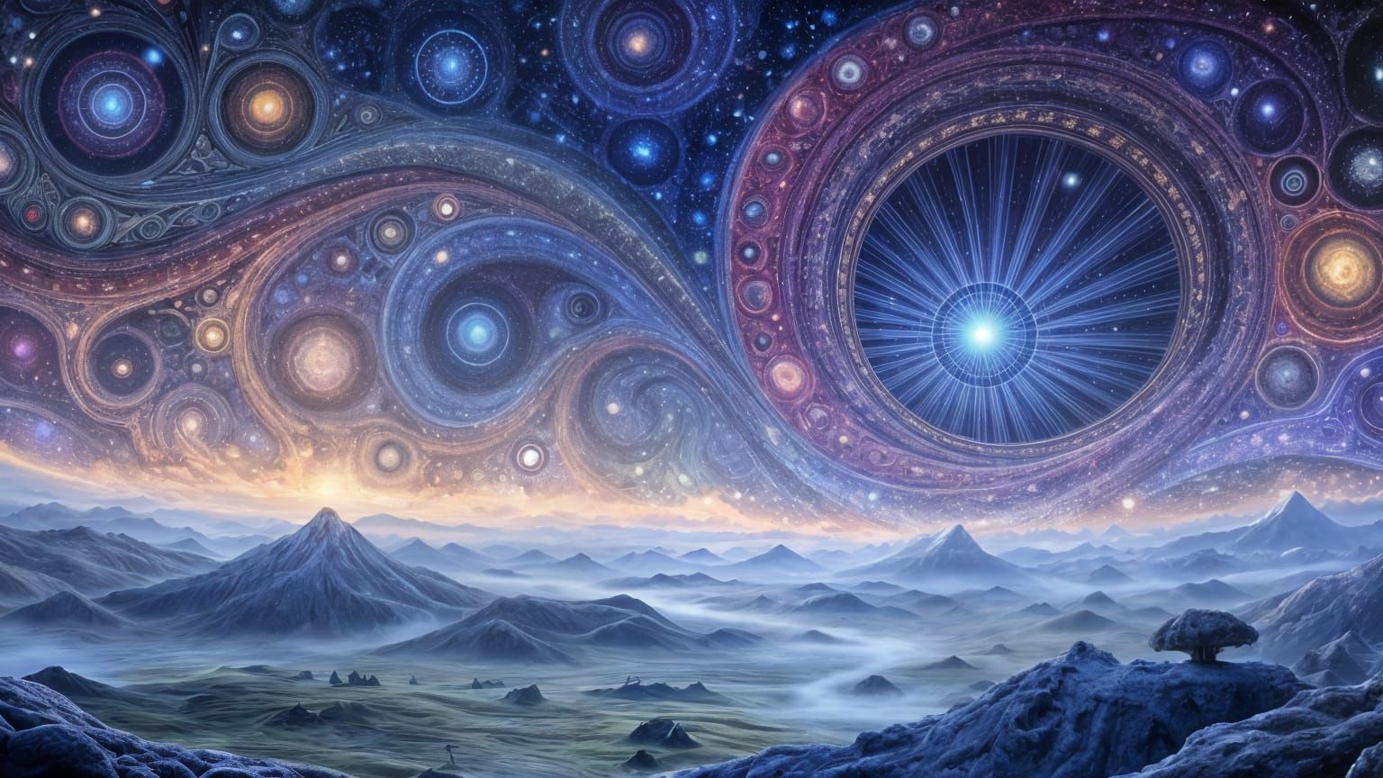 Geometric Ring Portal Under Nebula Sky