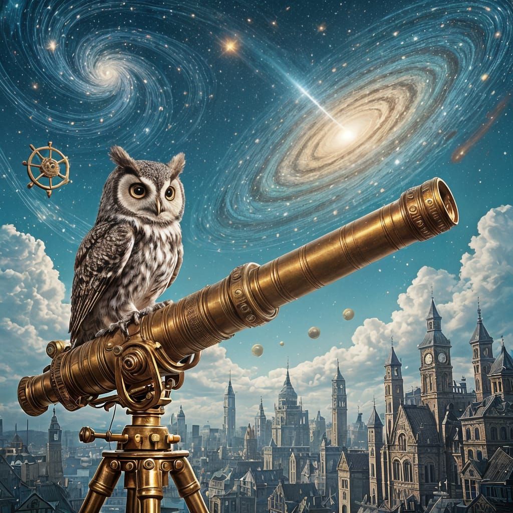 Clockwork Owl and Galactic Telescope in Steampunk City