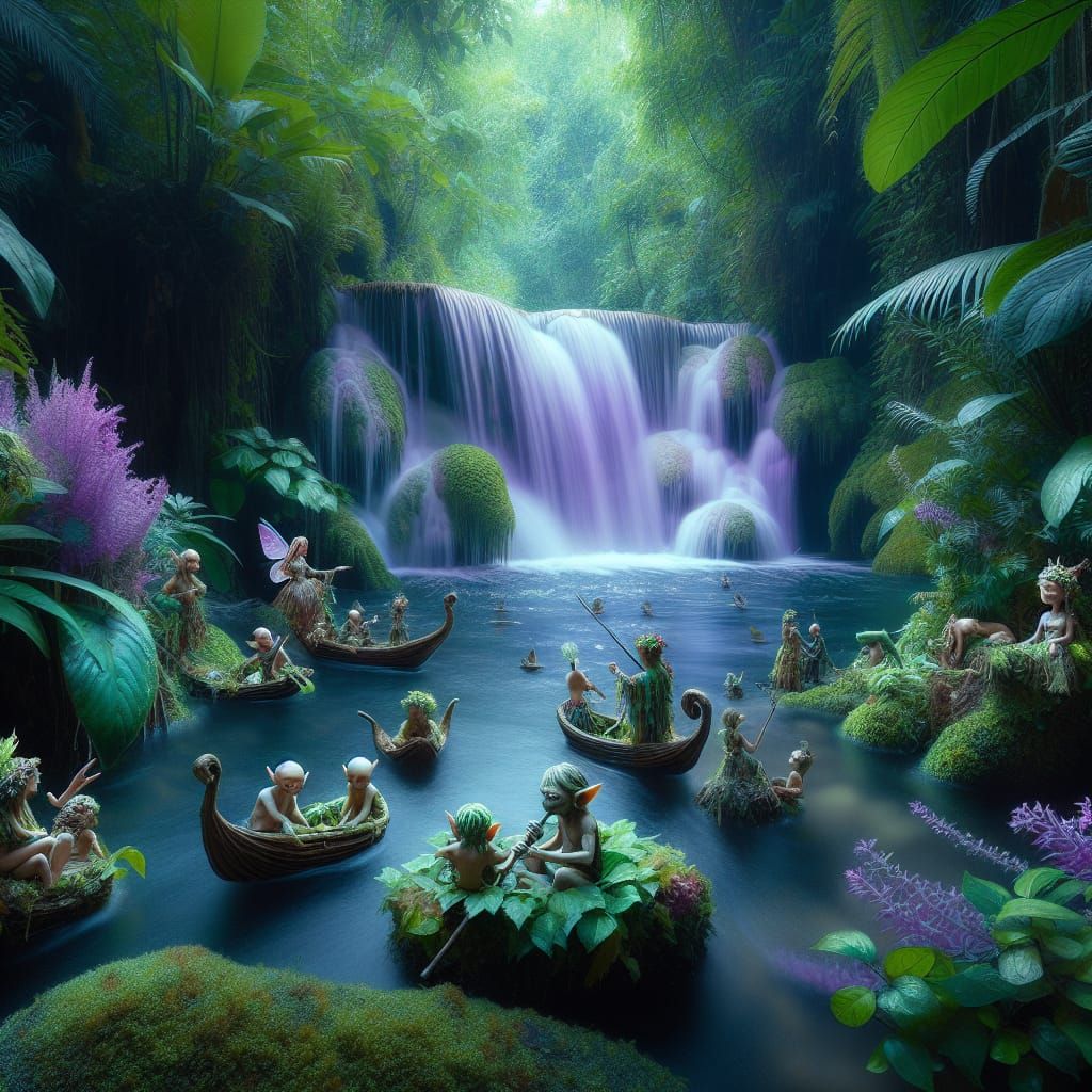 Otherworldly Waterfall Scene with Elves and Lush Jungle