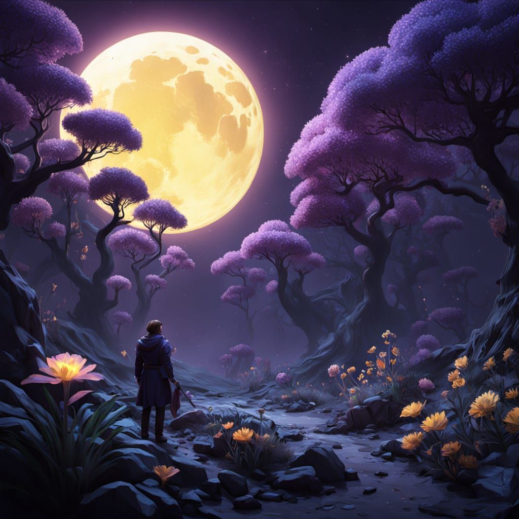 Celestial Gardener Tending Bioluminescent Moon Garden