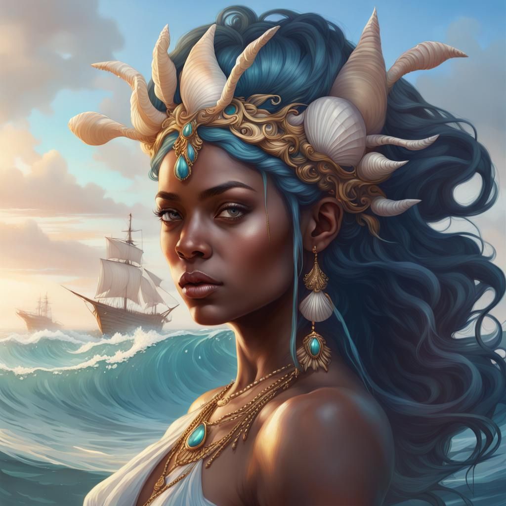 Goddess Yemaya Commands the Sea: Hyperdetailed Portrait