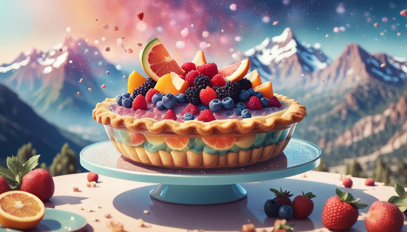 Shiny Pie with Fruit Toppings in Double Exposure Illustratio...