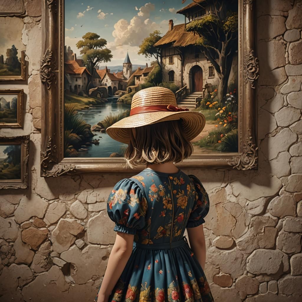 Girl in Museum Looking at Art, Matte Painting Style