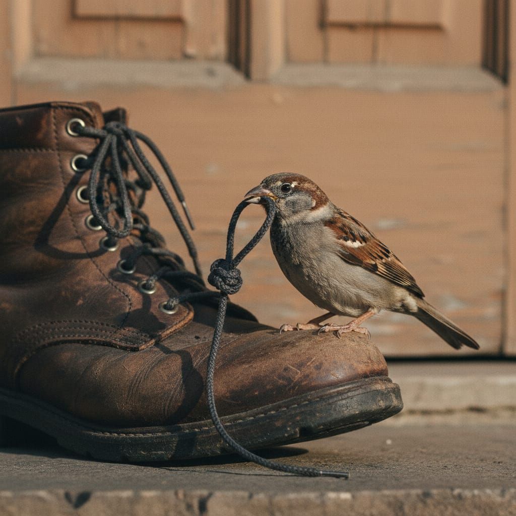 Sparrow Tends Tangled Shoelace in Macro Realism