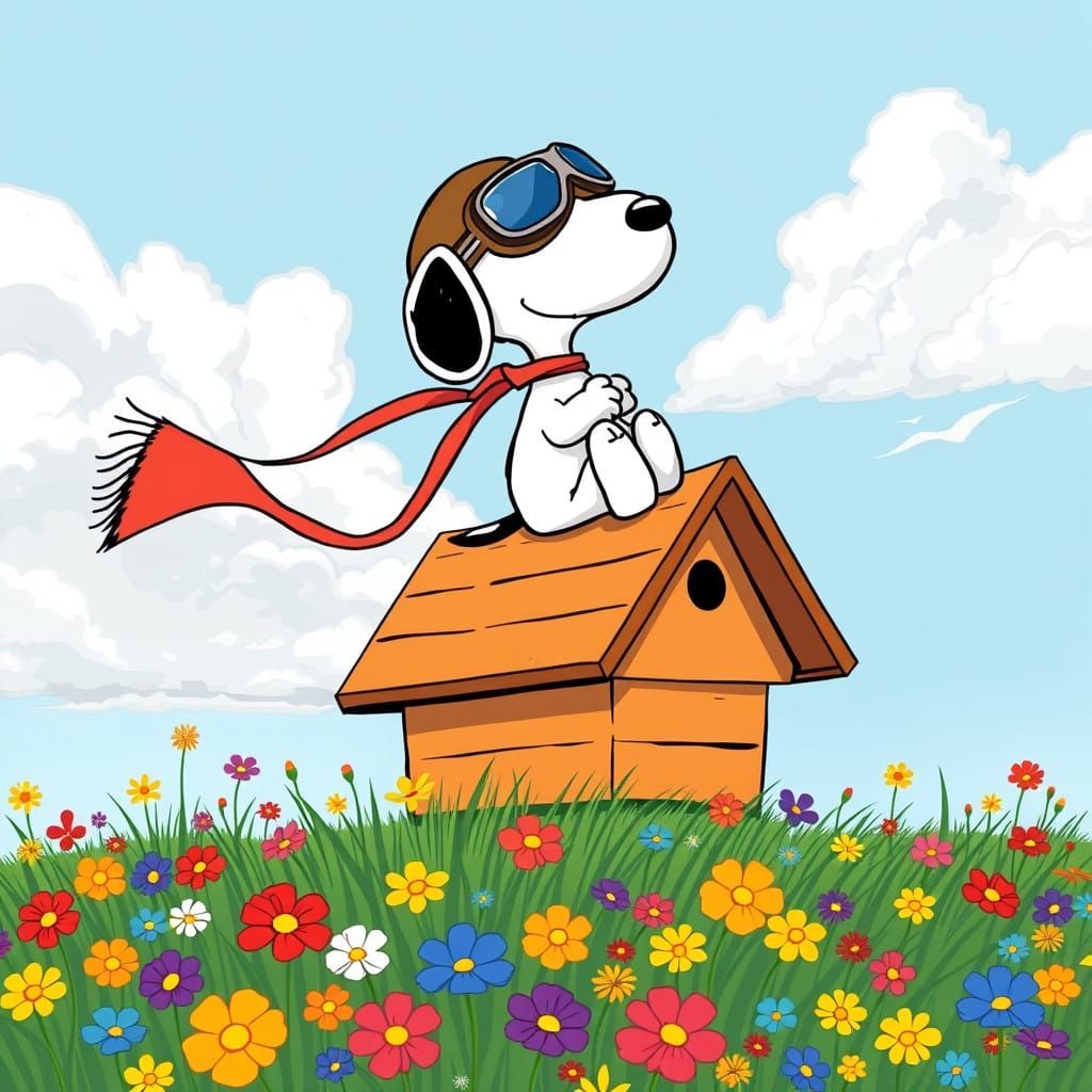 Surreal Peanuts Comic Book Scene of Snoopy as a Daring Aviat...