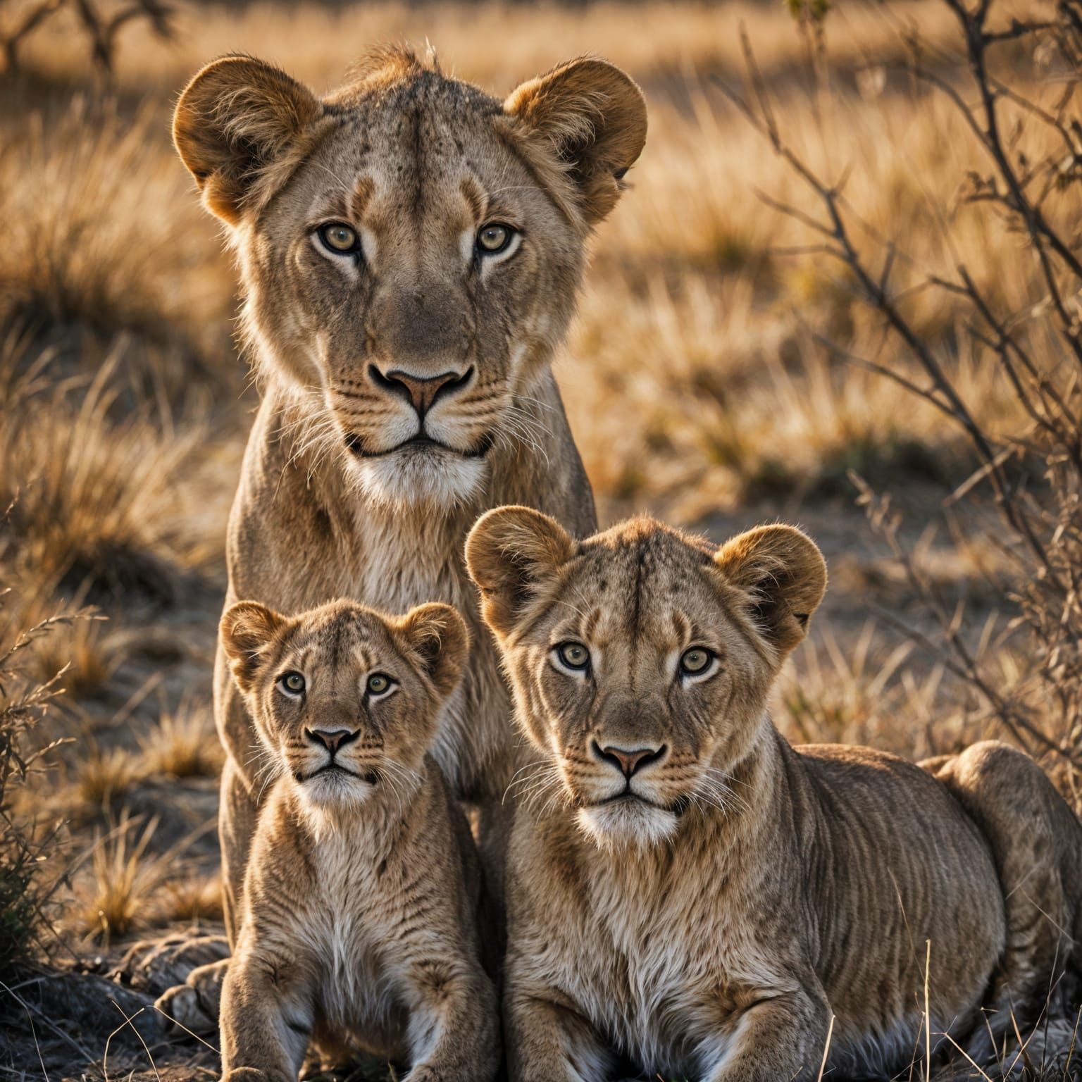 Lioness and Cub Portrait in Dramatic Lighting