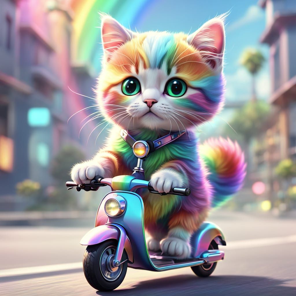 a rainbow kawaii kitten riding a scooter