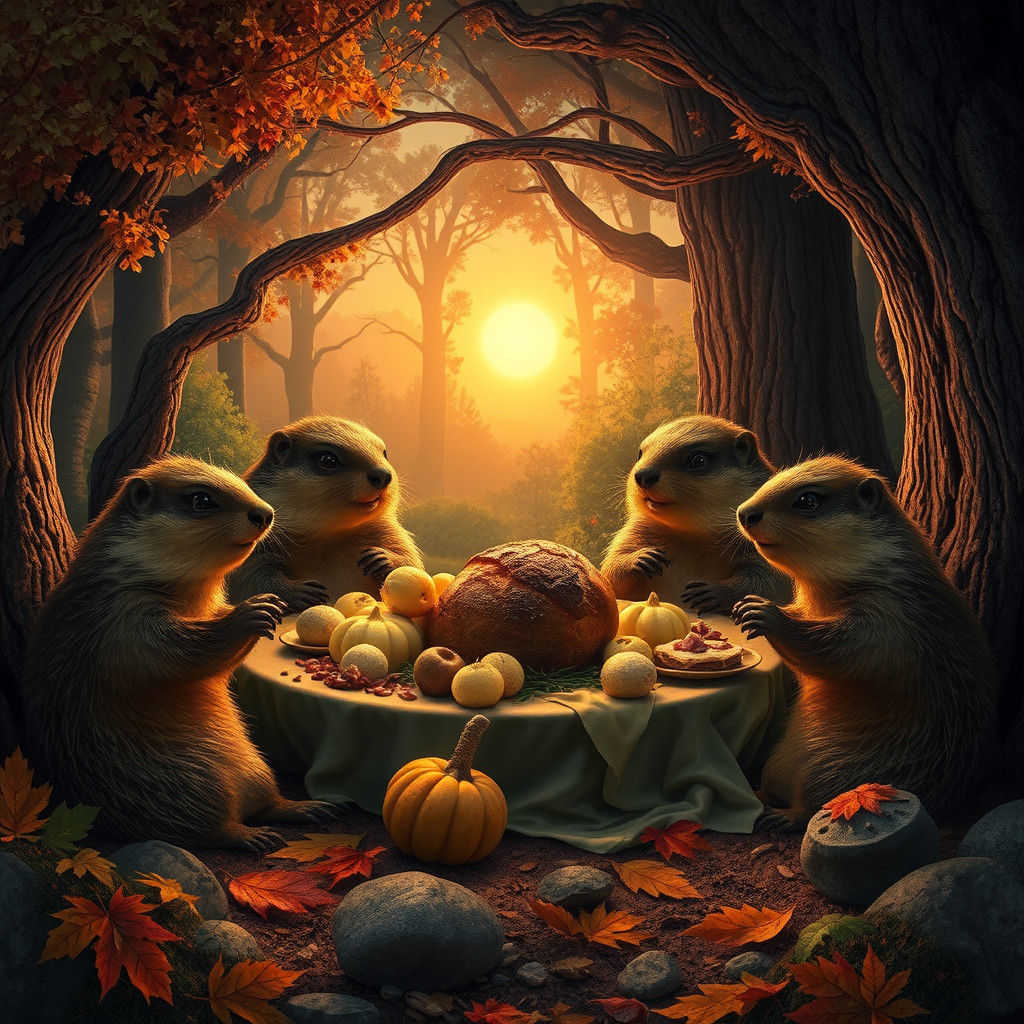 Groundhog Family Feast in Autumn Forest