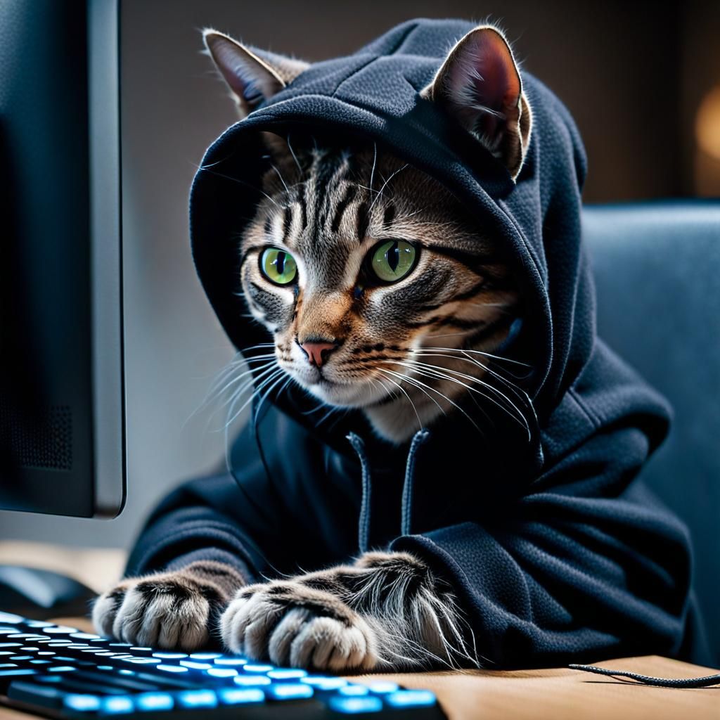 Cat Hacker Playing Video Games in Hoodie
