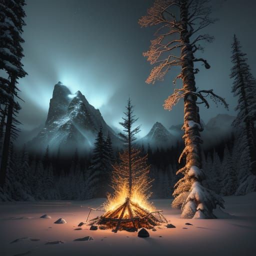 Golden Winter Camping Scene Amidst Snow-Capped Mountains