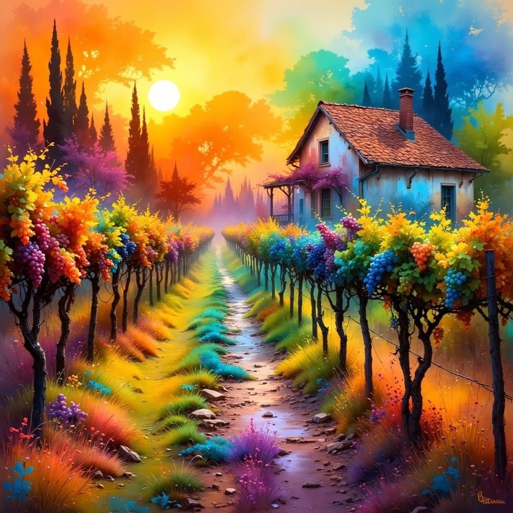 Vibrant Vineyard Masterpiece in Golden Light