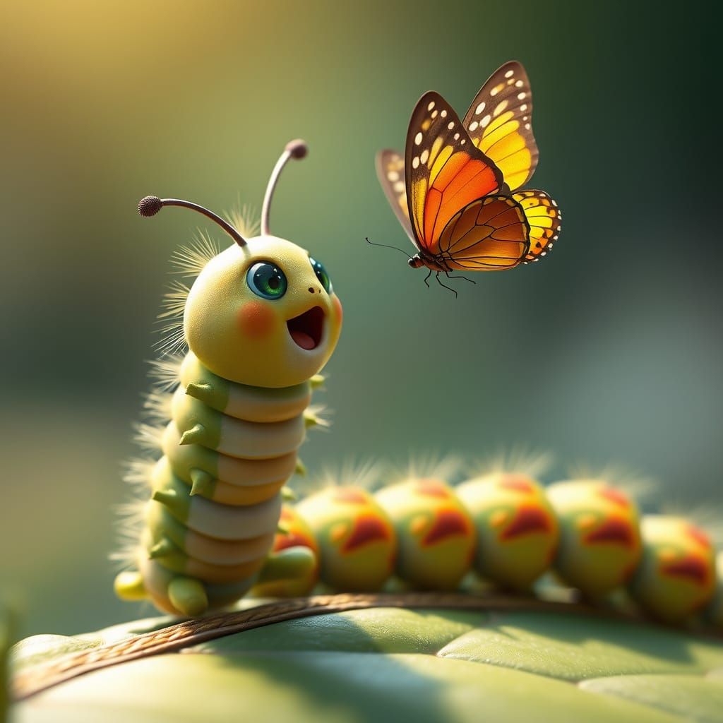Cute Caterpillar Excitedly Watches a Butterfly