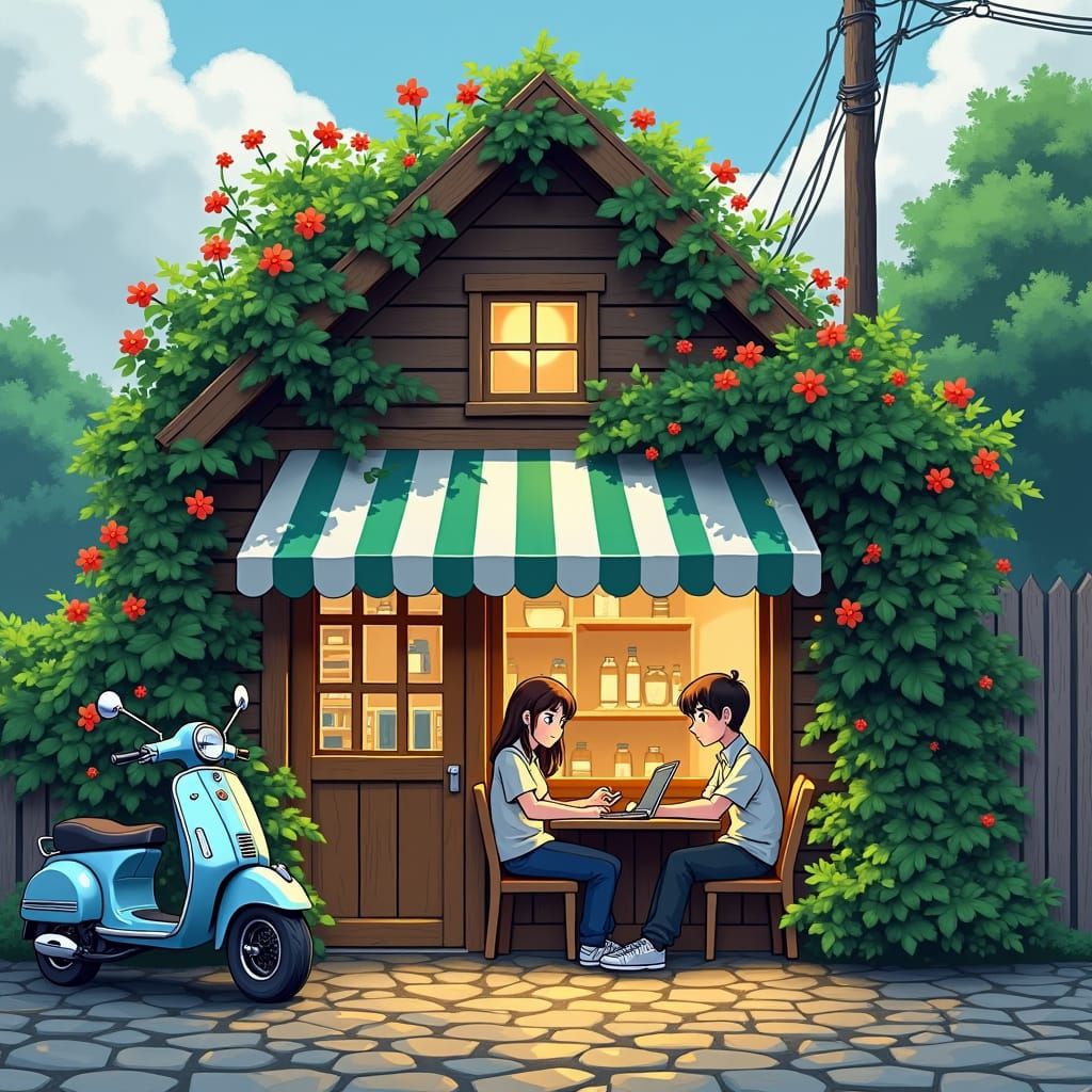 Charming Coffee Shop in Anime Key Visuals Style