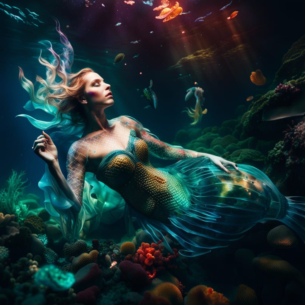Enchanting Glass Mermaid Underwater: Hyperdetailed Surrealis...