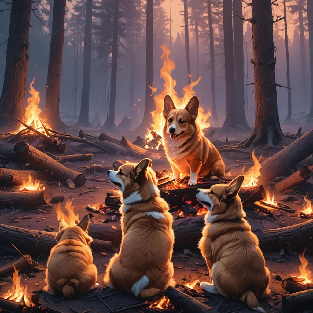 Corgis Around Campfire in Mystical Forest