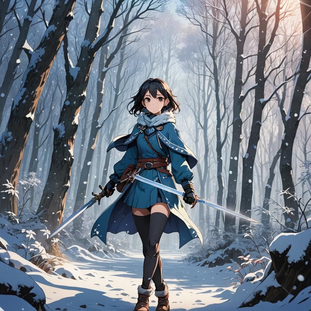 Anime Woman in Snowy Forest Key Visual