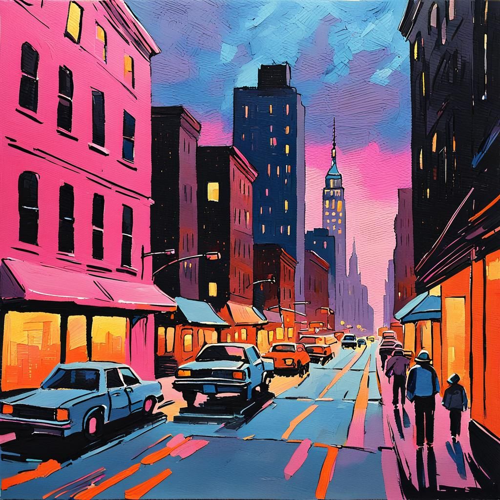 1980s Manhattan Streetscape in Gouache Style