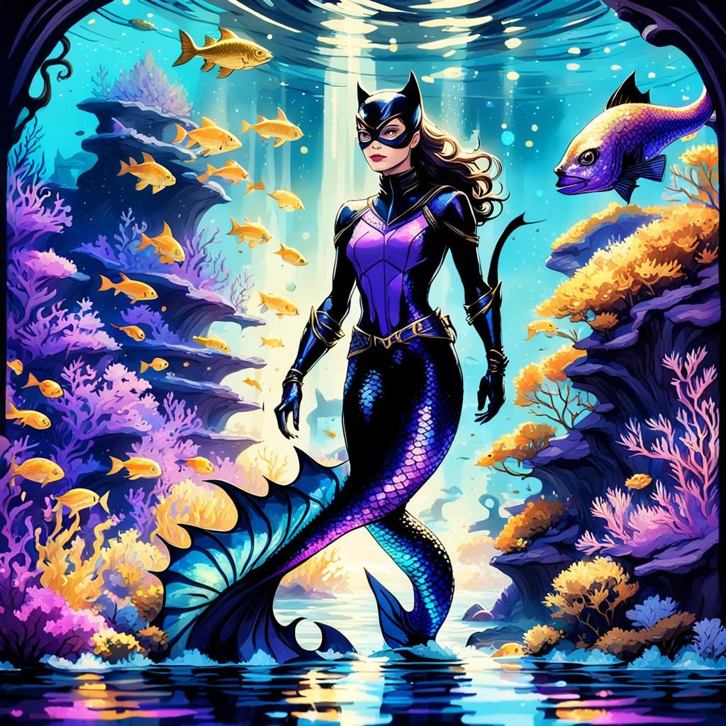 Ethereal Catwoman in Dreamlike Underwater Fantasy Scene