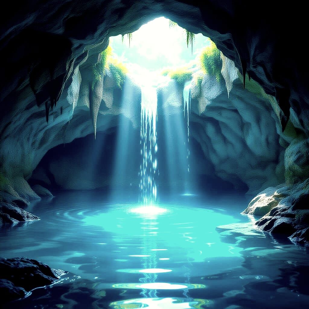 Serene Cave Hole With Blue Water and Dripping Drops