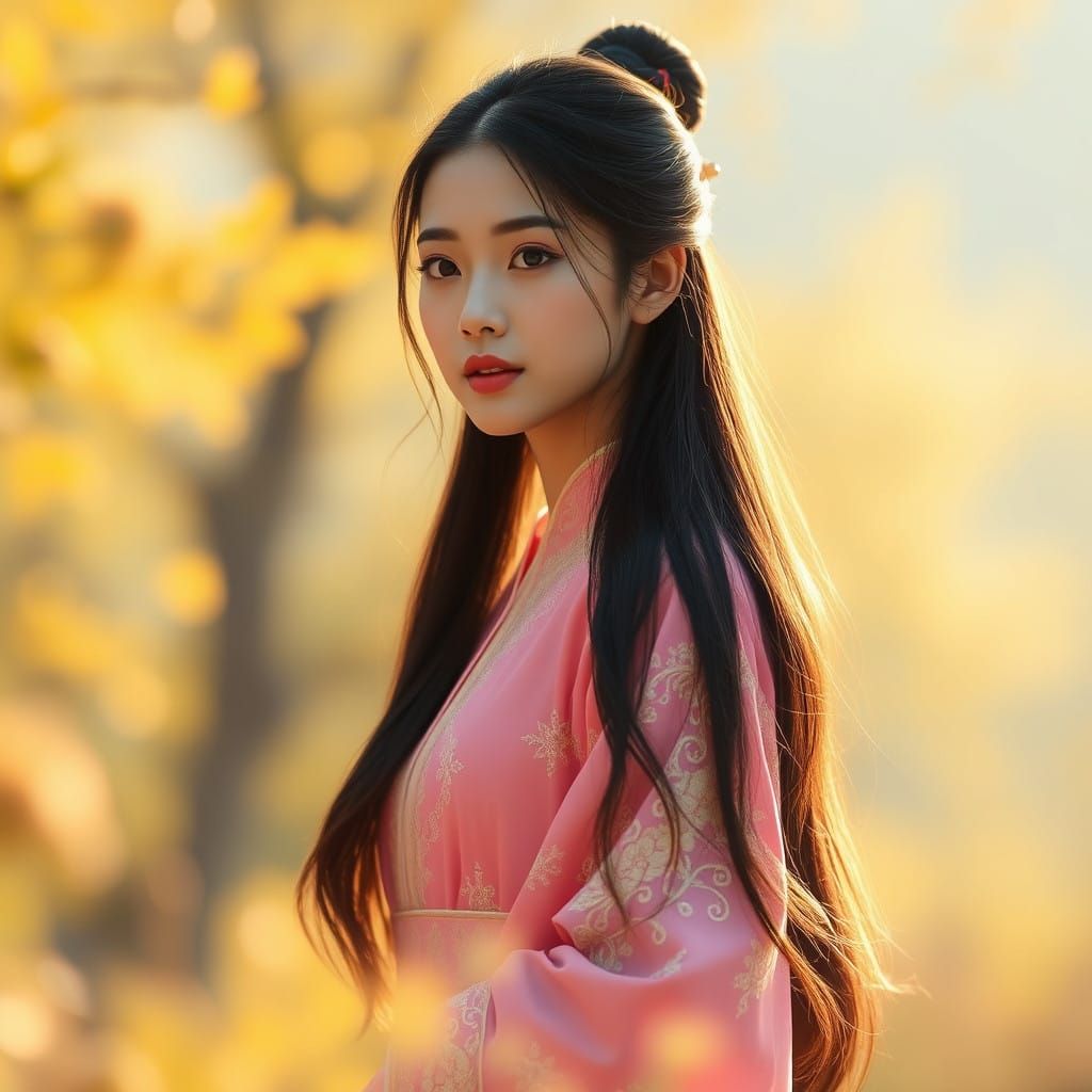 Elegant Traditional Korean Woman in Resplendent Pink Gown