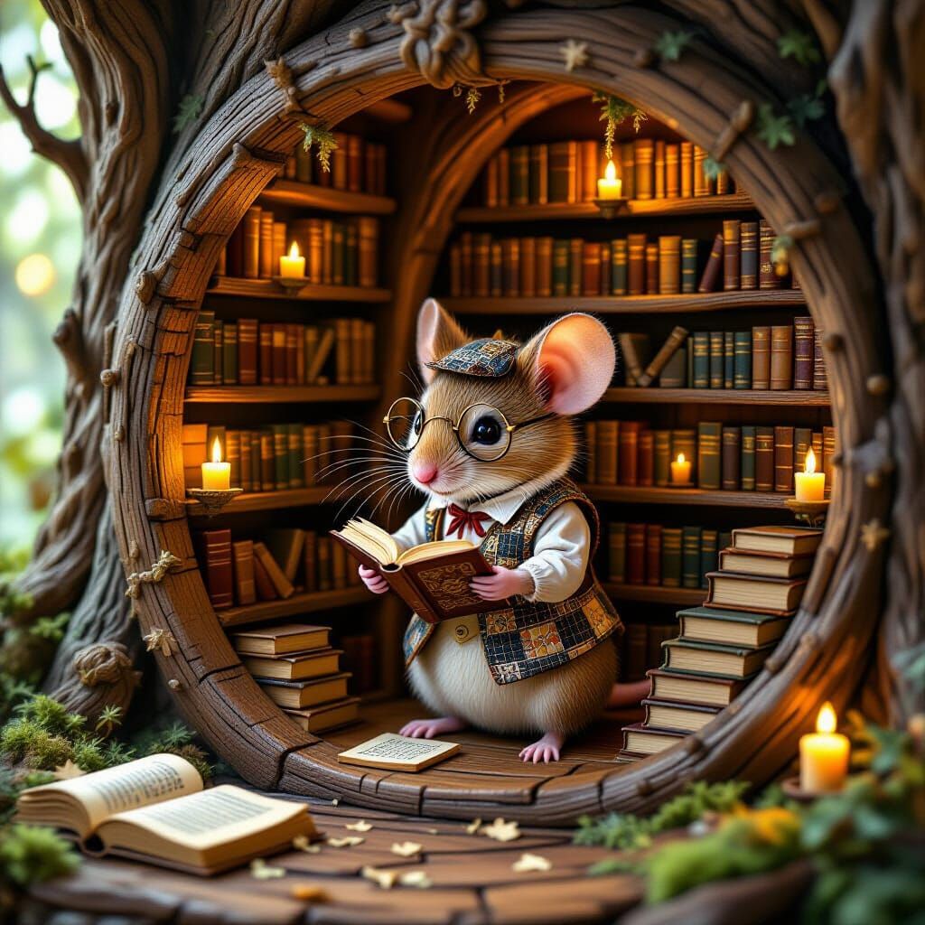 Tiny Mouse Librarian in Enchanted Tree Library