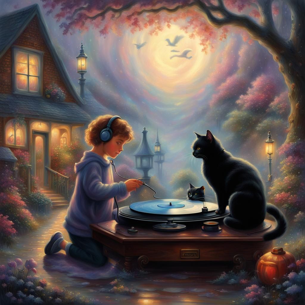 Children and Cat Listening to Vinyl Records
