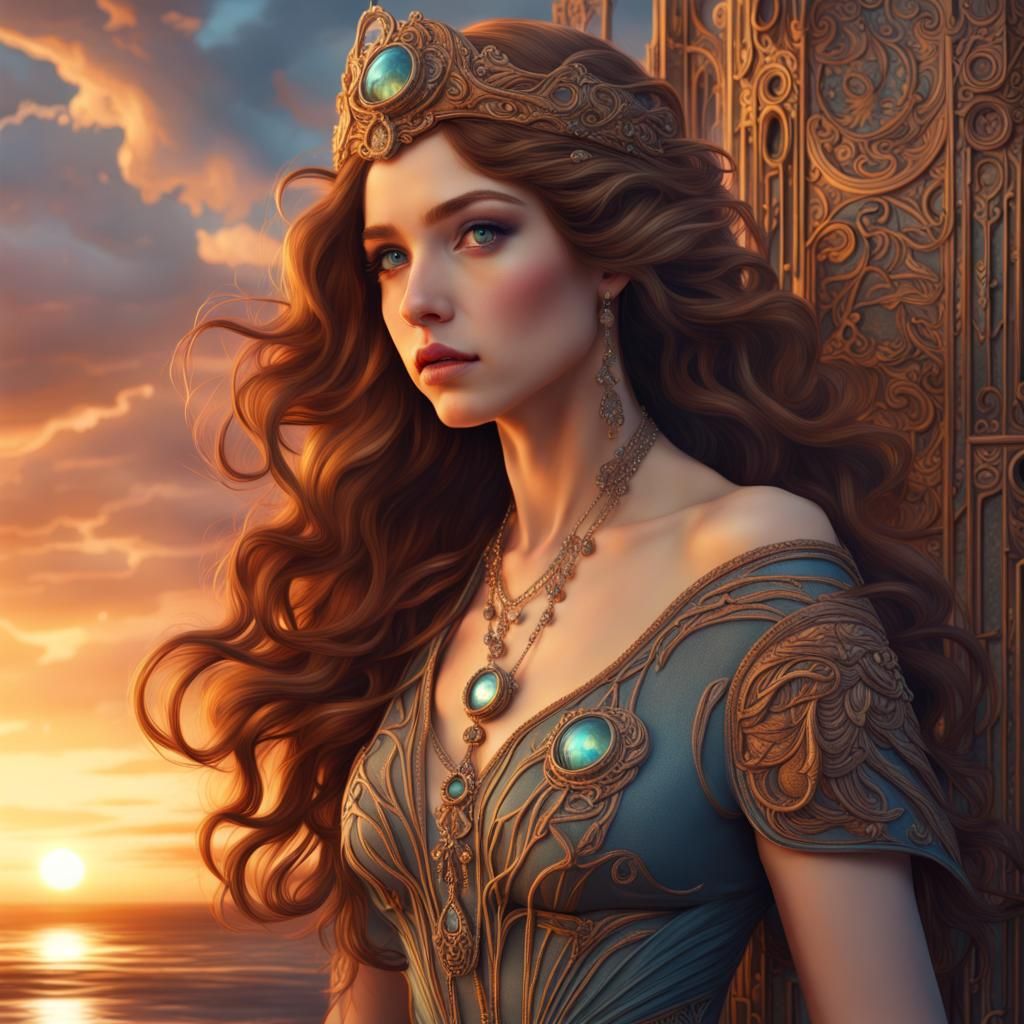 Art Nouveau Sunset Siren with Hazel Eyes