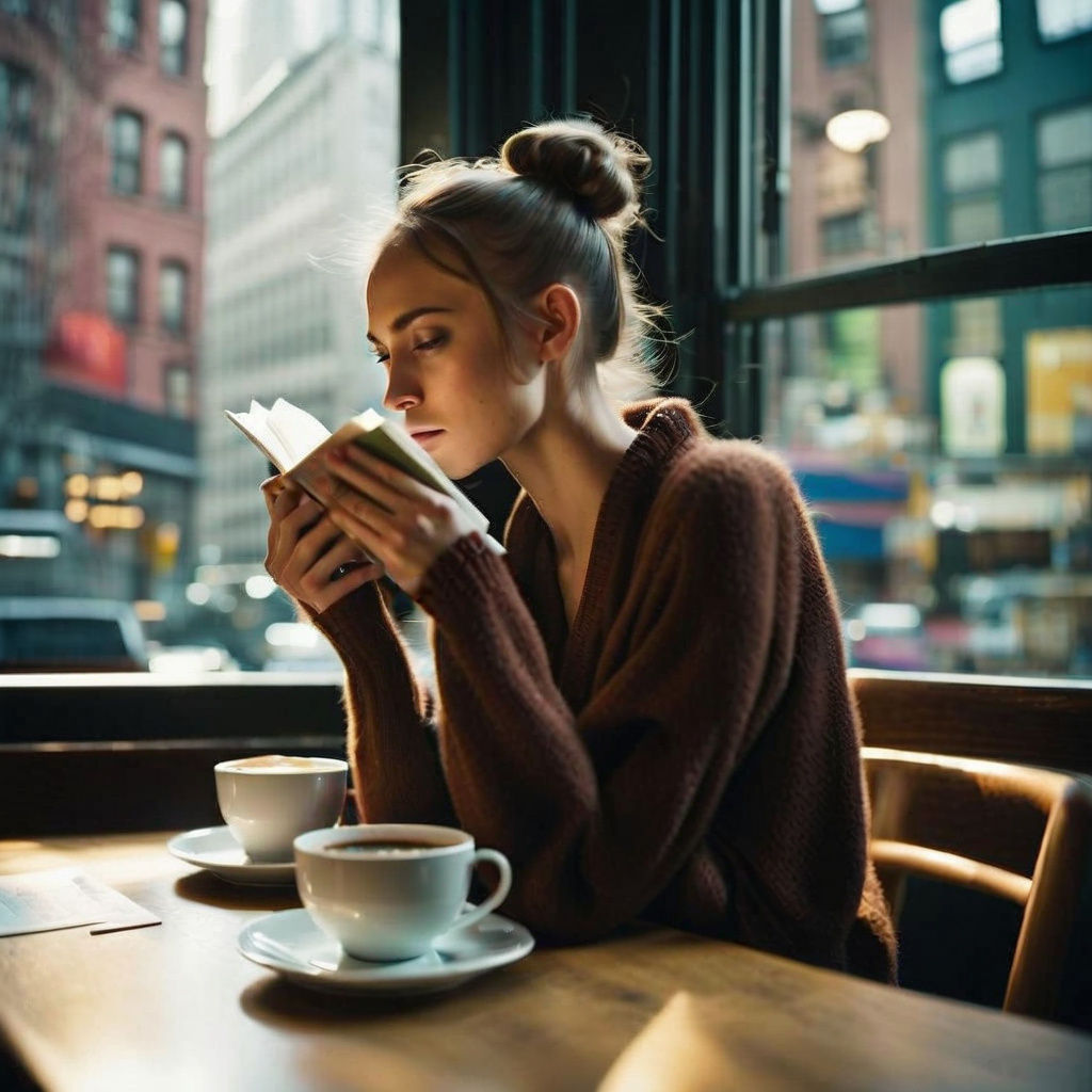 Girl Reads Book in Colorful Café
