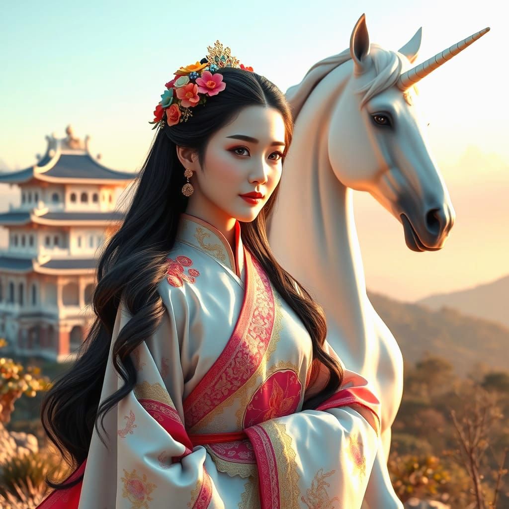Traditional Chinese Priestess with Majestic White Unicorn in...