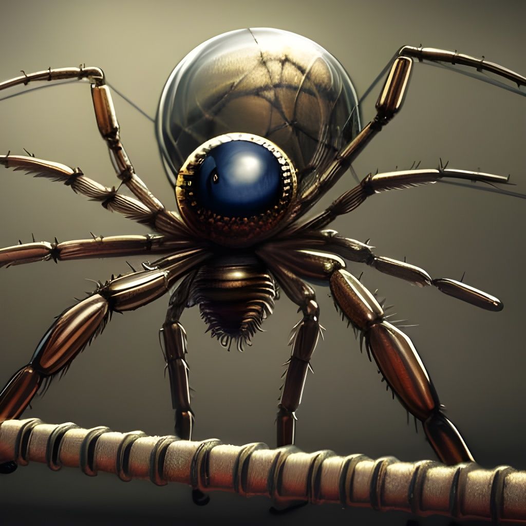 Steampunk Spider on Wire Web: Biomechanical 3D Render