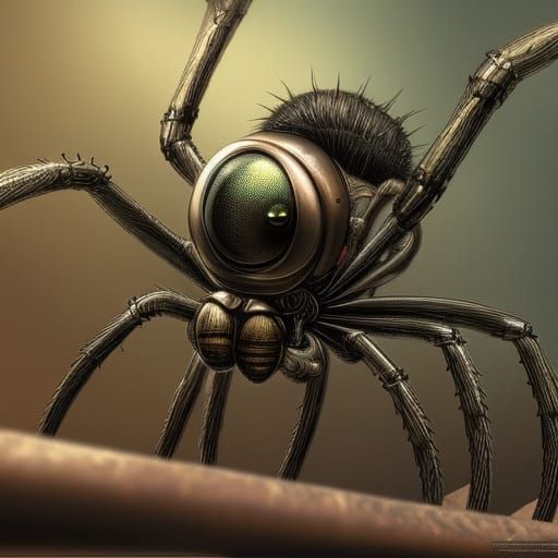 Steampunk Spider on Web: Biomechanical 3D Render