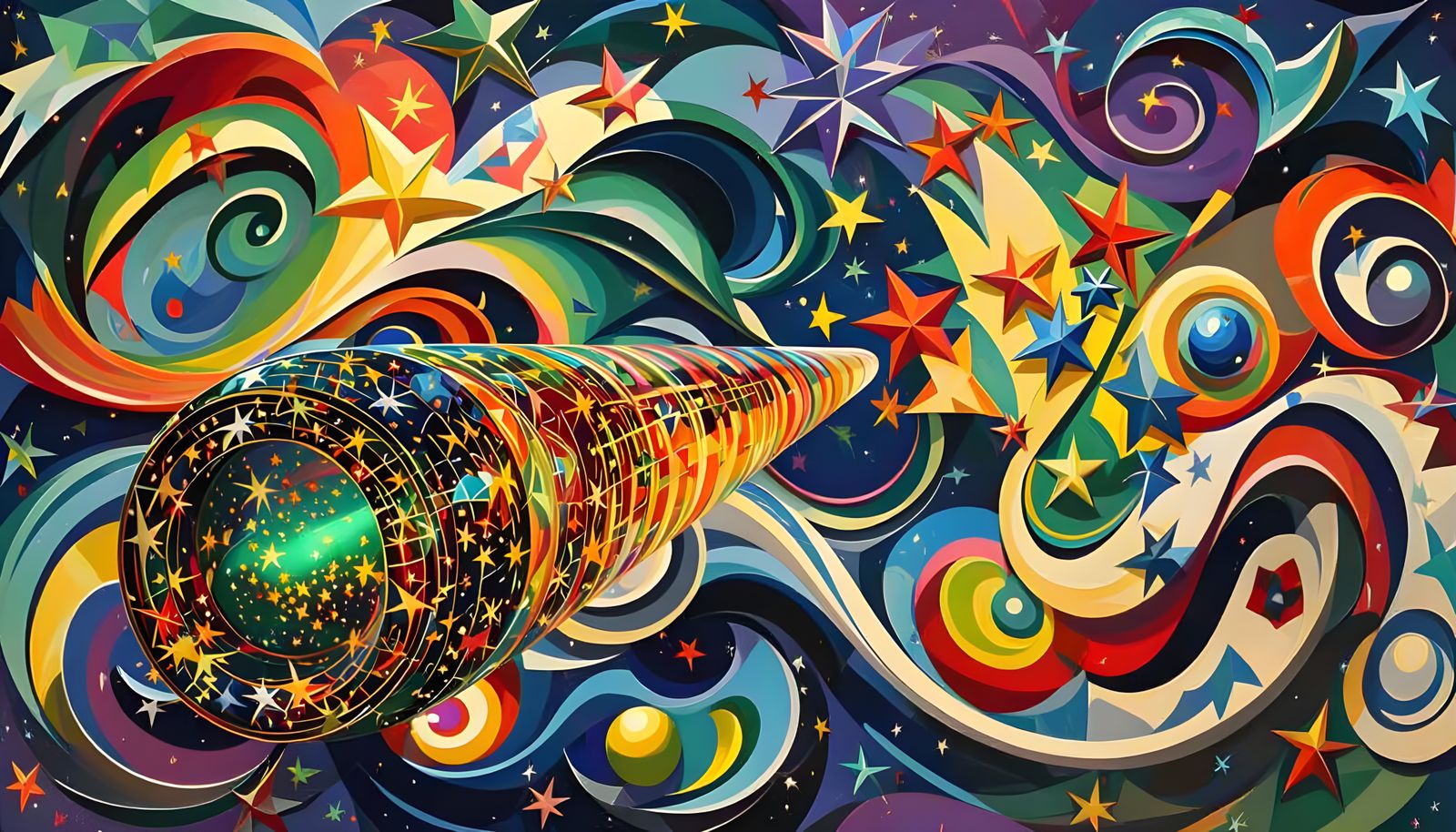 Reflective Cylinder Mirrors Impasto Cosmos in Surrealist Sty...