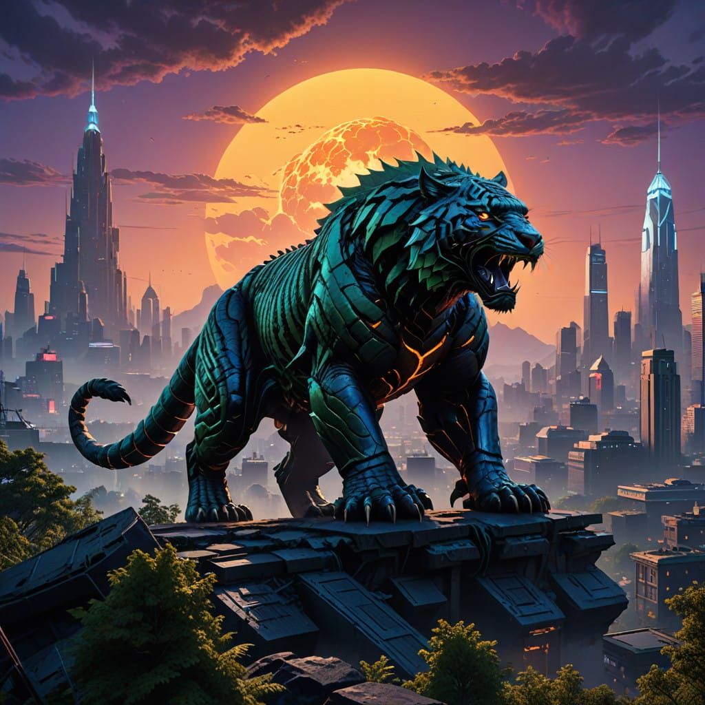 Cyberpunk Tiger Godzilla Hybrid in Ruined Cityscape