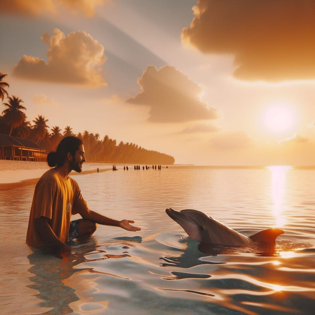 Golden Sunset Beach Scene with Dolphins and a Joyful Encount...