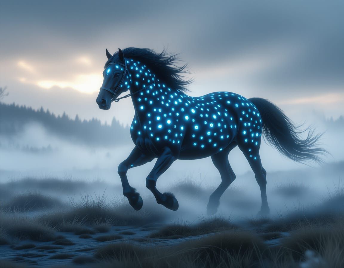 Black Horse with Glowing Eyes in Mystical Landscape