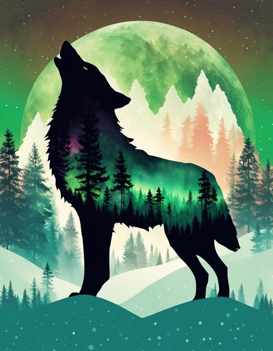 Moonlit Wolf Silhouette Amidst Aurora Forest