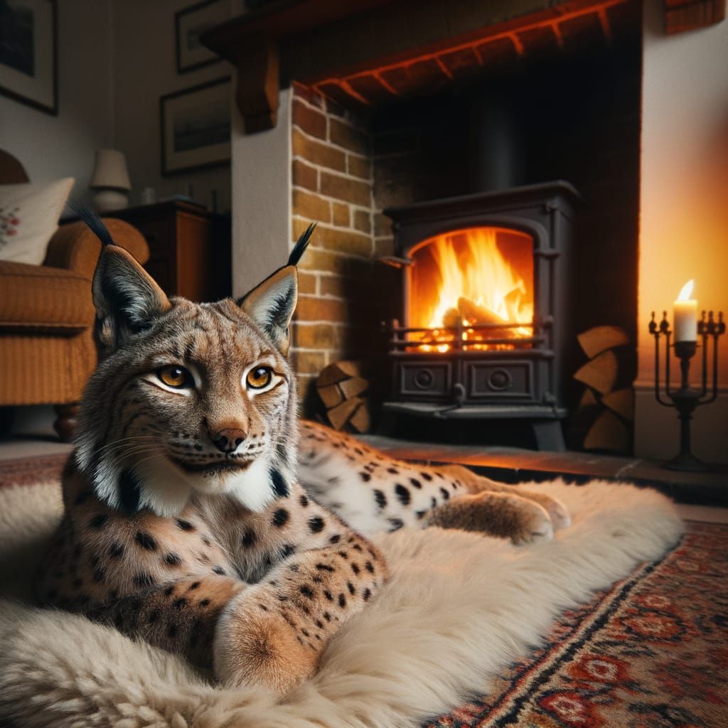 Lynx Relaxing by a Warm Fireplace