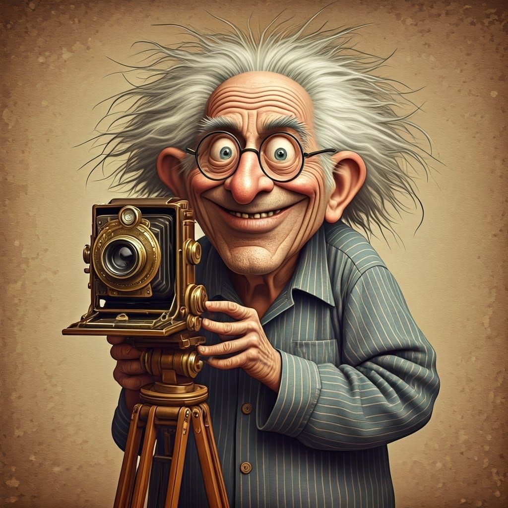 Humorous Elderly Photographer in Mixed Cartoon Style