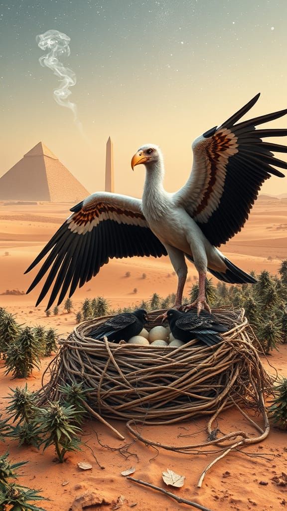 Ancient Desert Oasis with Egyptian Vultures and Obelisk