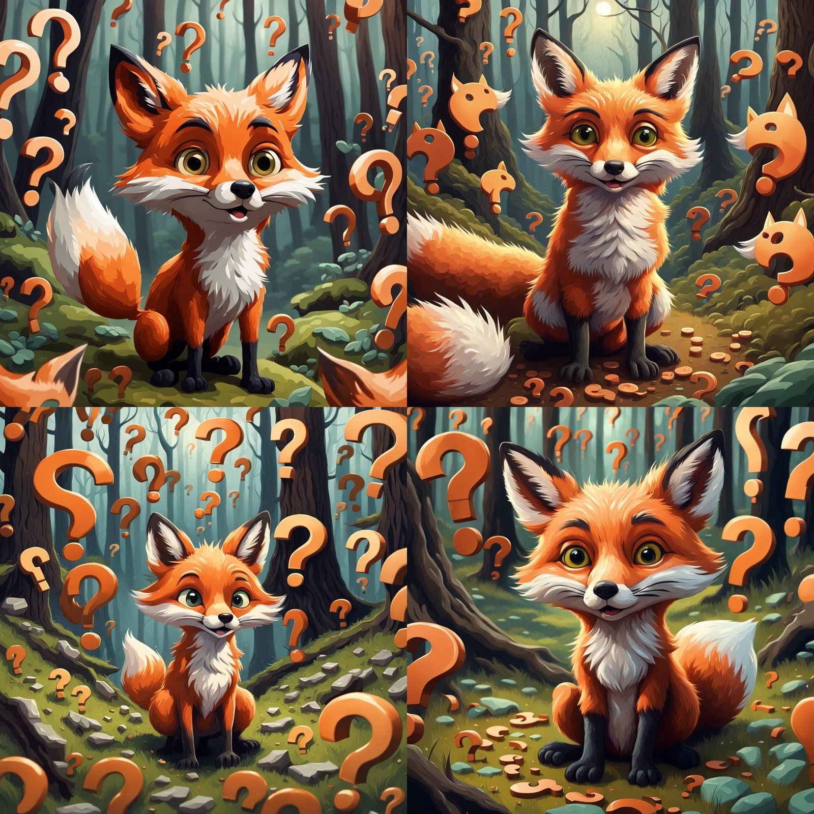 Confused Cartoon Fox Oil Painting in Forest