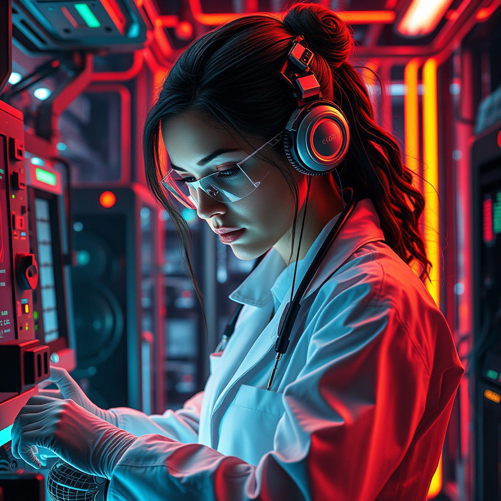 Futuristic Scientist Integrates AI in Cyberpunk Lab