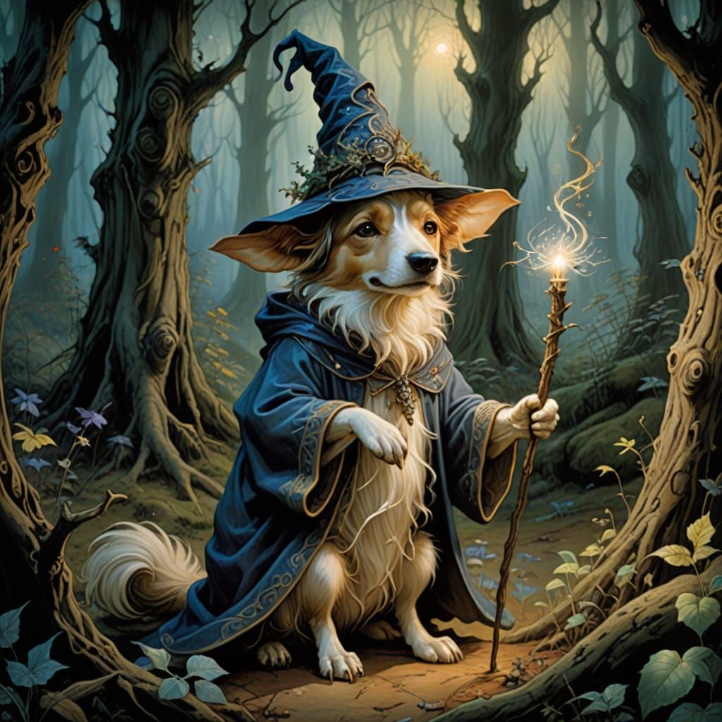 Whimsical Wizard Dog Casting Spell in Enchanted Forest