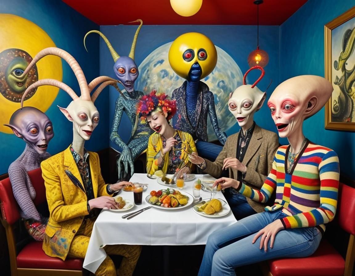 Exotic Aliens in Surreal Restaurant, Colorful Couture
