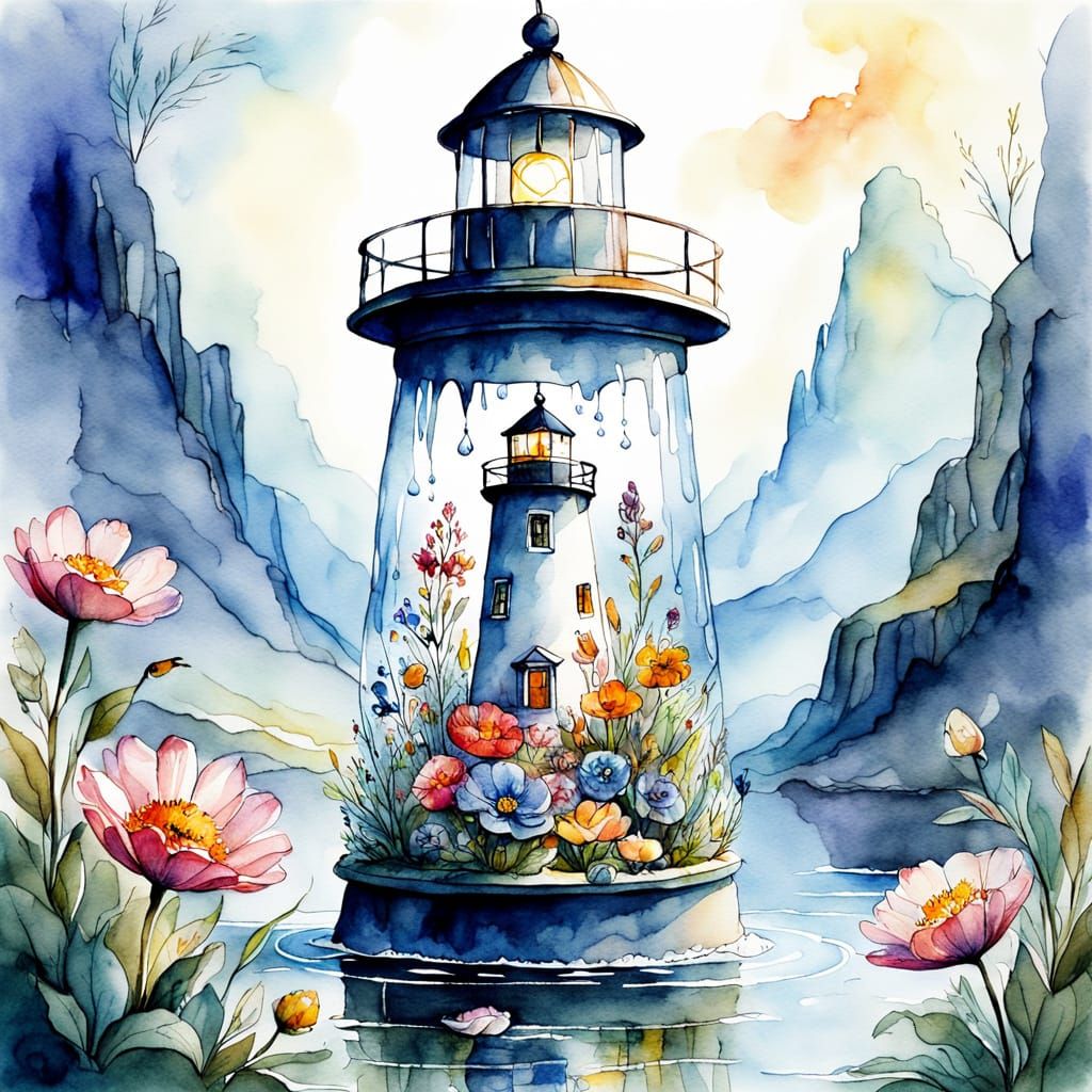 Surreal Watercolor Lighthouse World in a Drop of Water
