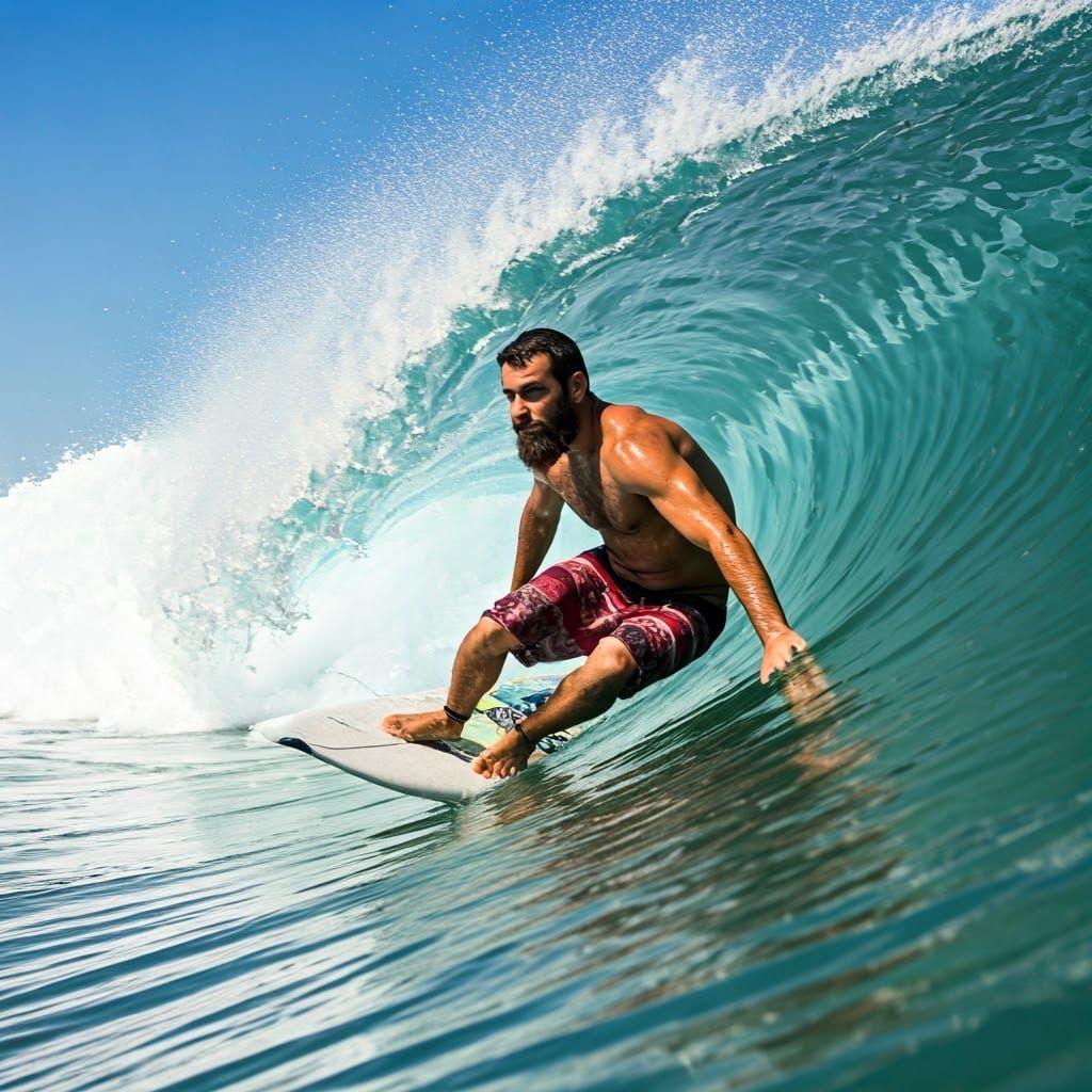 Bearded Surfer Rides the Wave