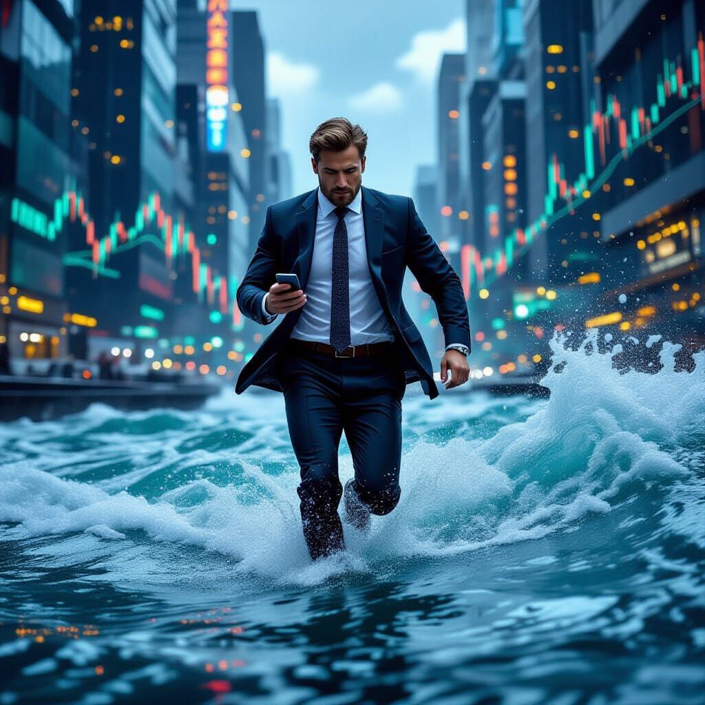 Trader Leaps Over Trading Charts Like Waves in Dynamic Finan...