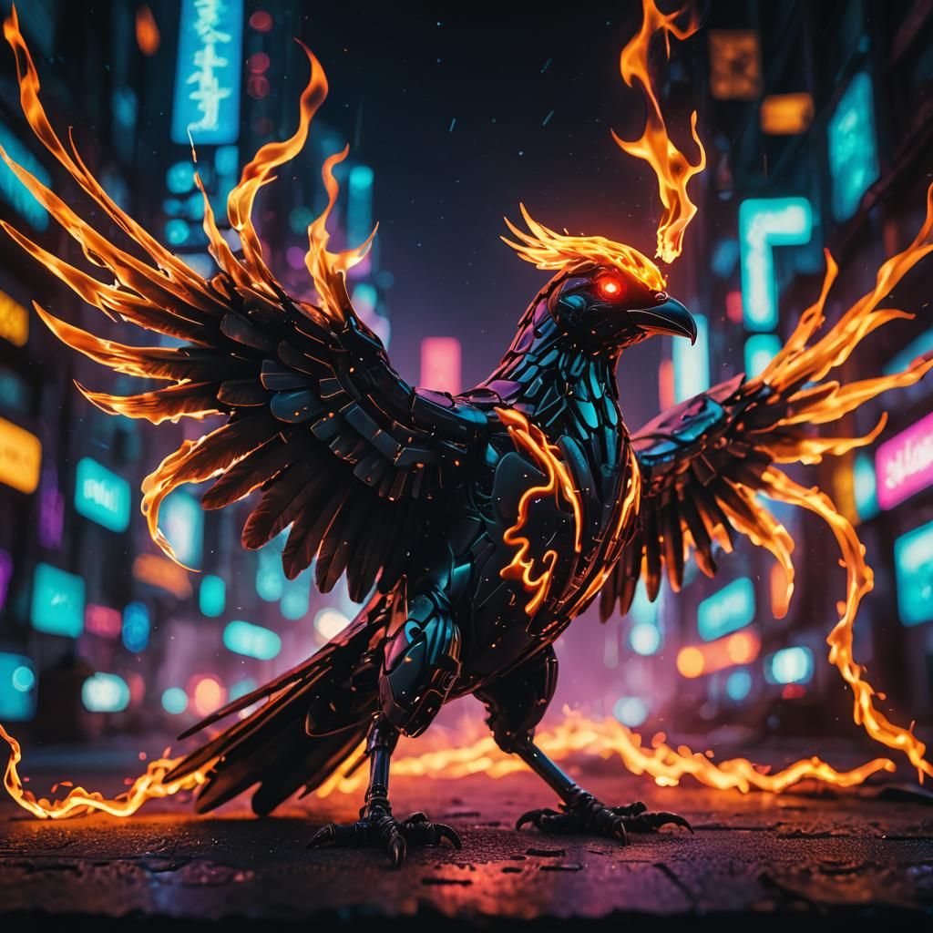 Cyberpunk Fire Bird in Neon Flames