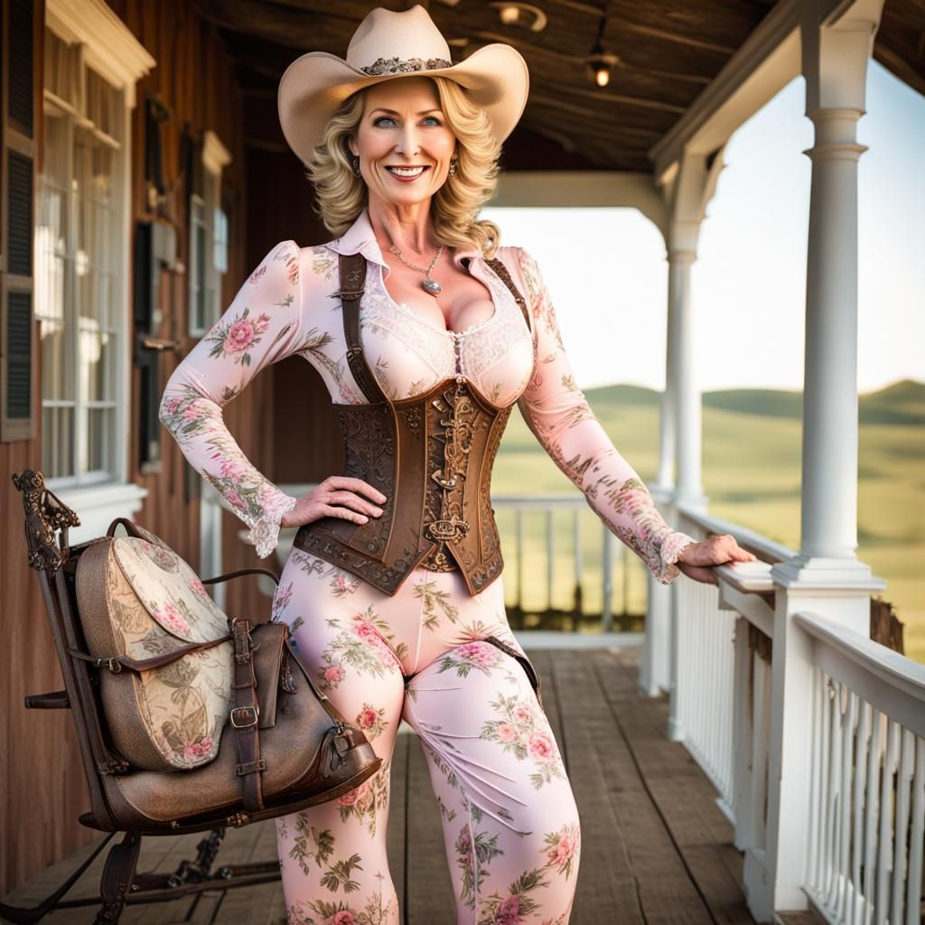Photo-Realistic Woman in Cowgirl Hat on Farmhouse Porch