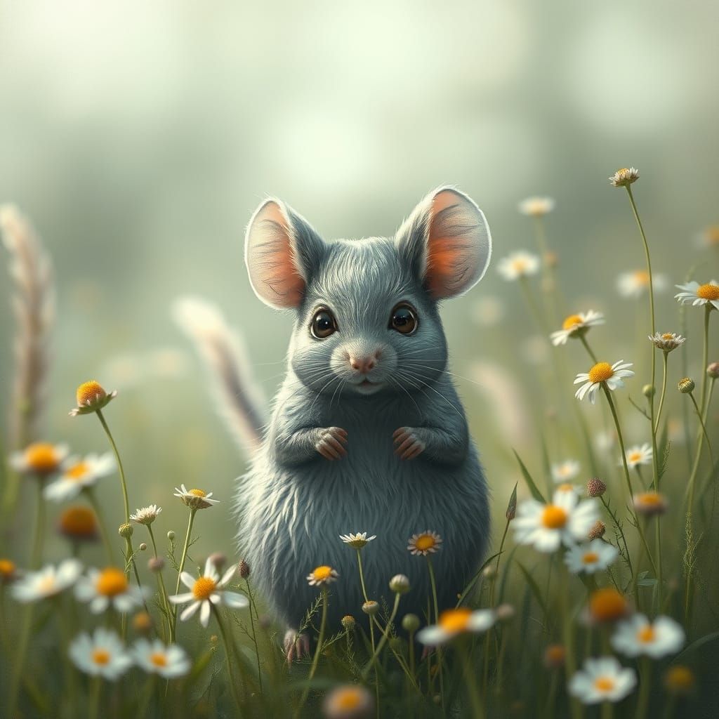 Mouse in Misty Meadow with Wildflowers