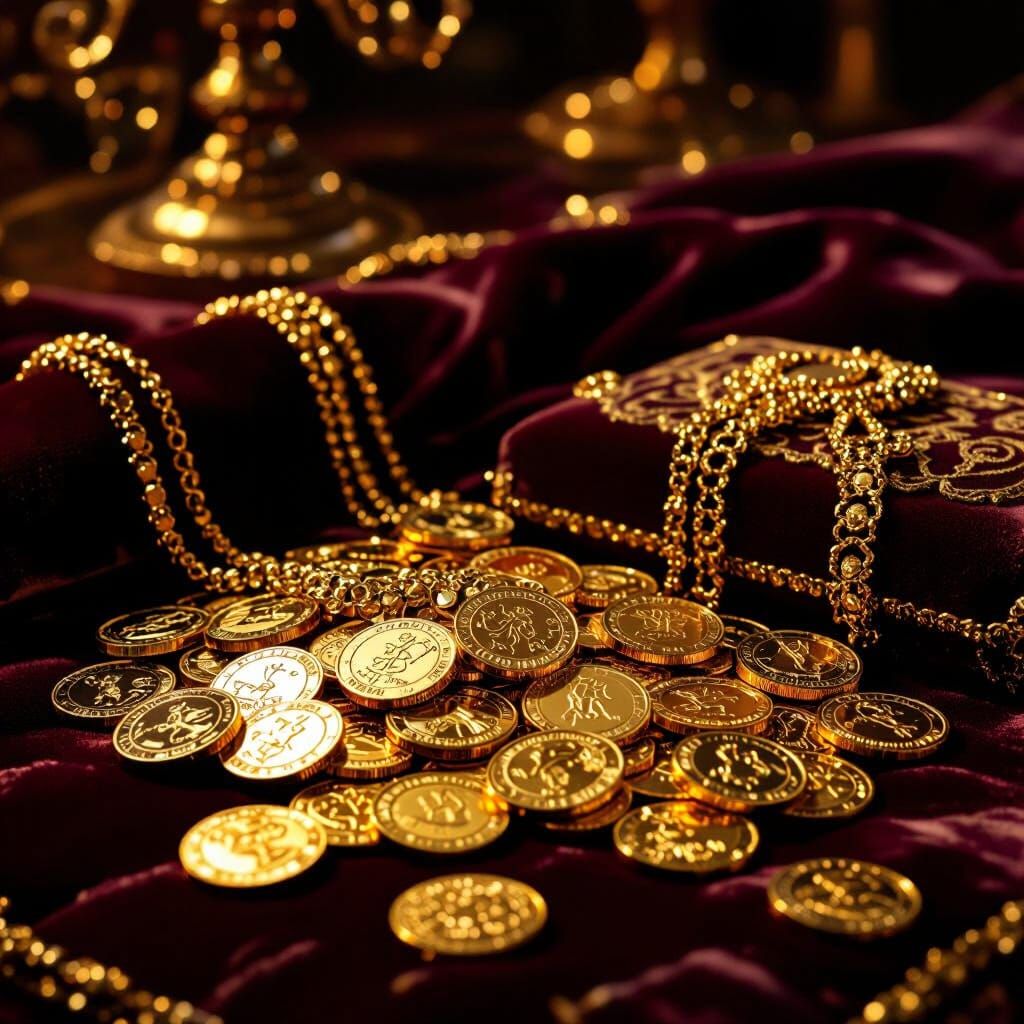 Golden Jewelry and Coins on Velvet Table